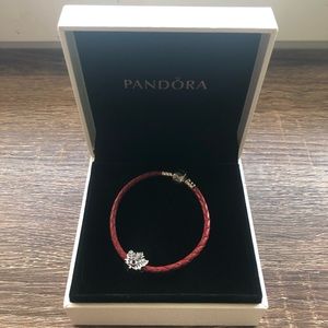 Pandora red leather bracelet and maple leaf charm